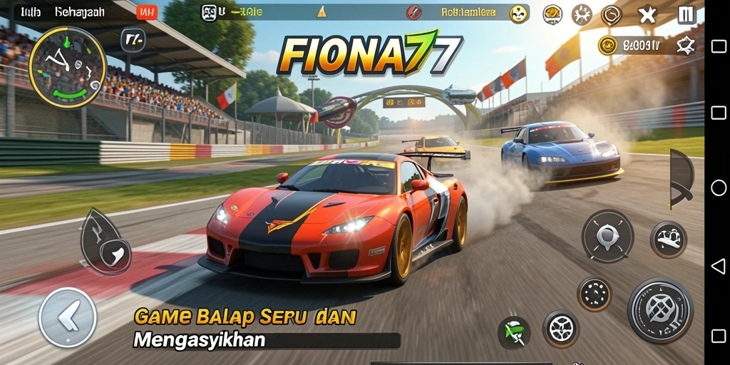 Screenshot gameplay FIONA77 menampilkan balapan seru di lintasan berliku.