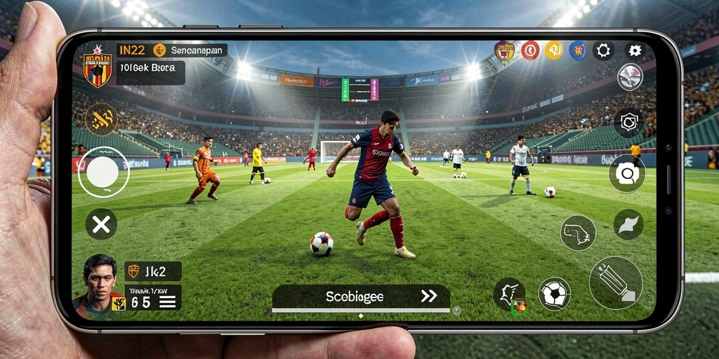 Tampilan gameplay menarik di lapangan sepak bola IN22.