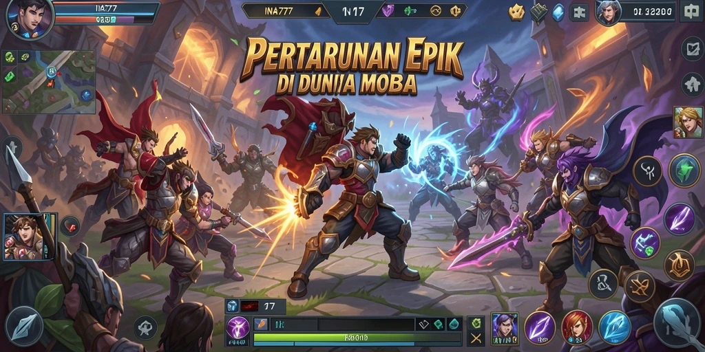 Screenshot gameplay intens dari INA777 dengan aksi MOBA yang mendebarkan.