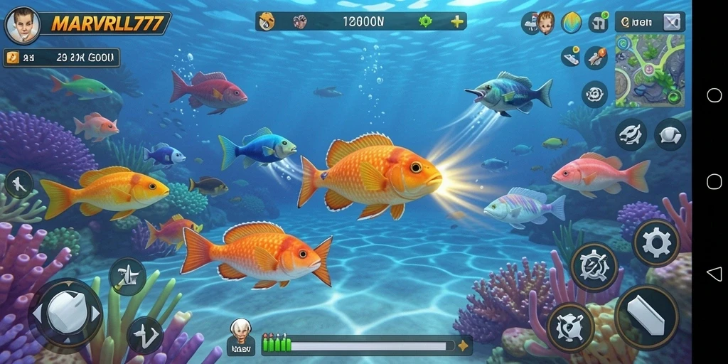 Screenshot gameplay MARVRL77 menampilkan aksi menembak ikan yang seru dan dinamis.