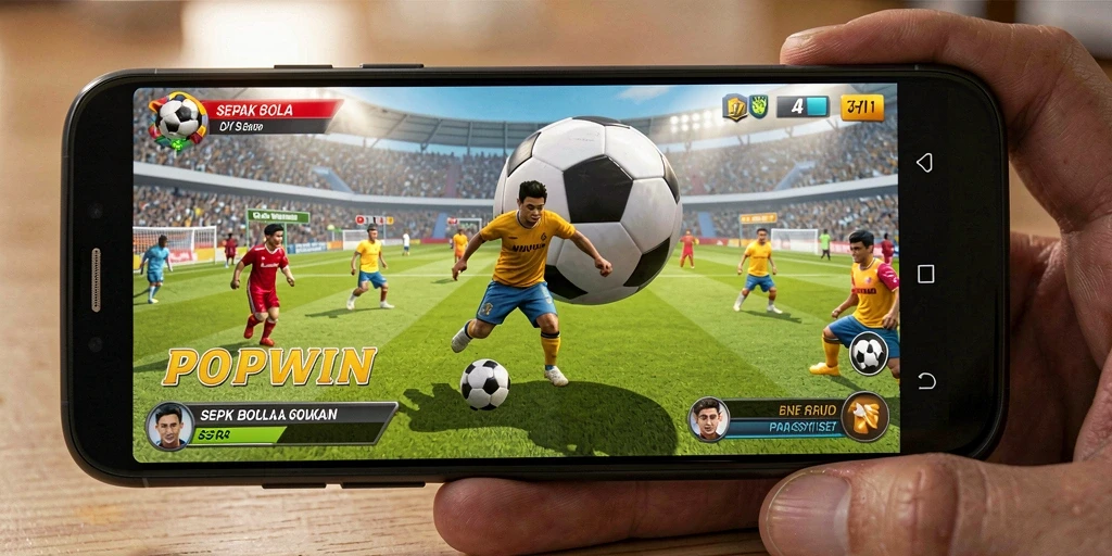 Screenshot gameplay POPWIN menampilkan aksi seru di lapangan sepak bola.